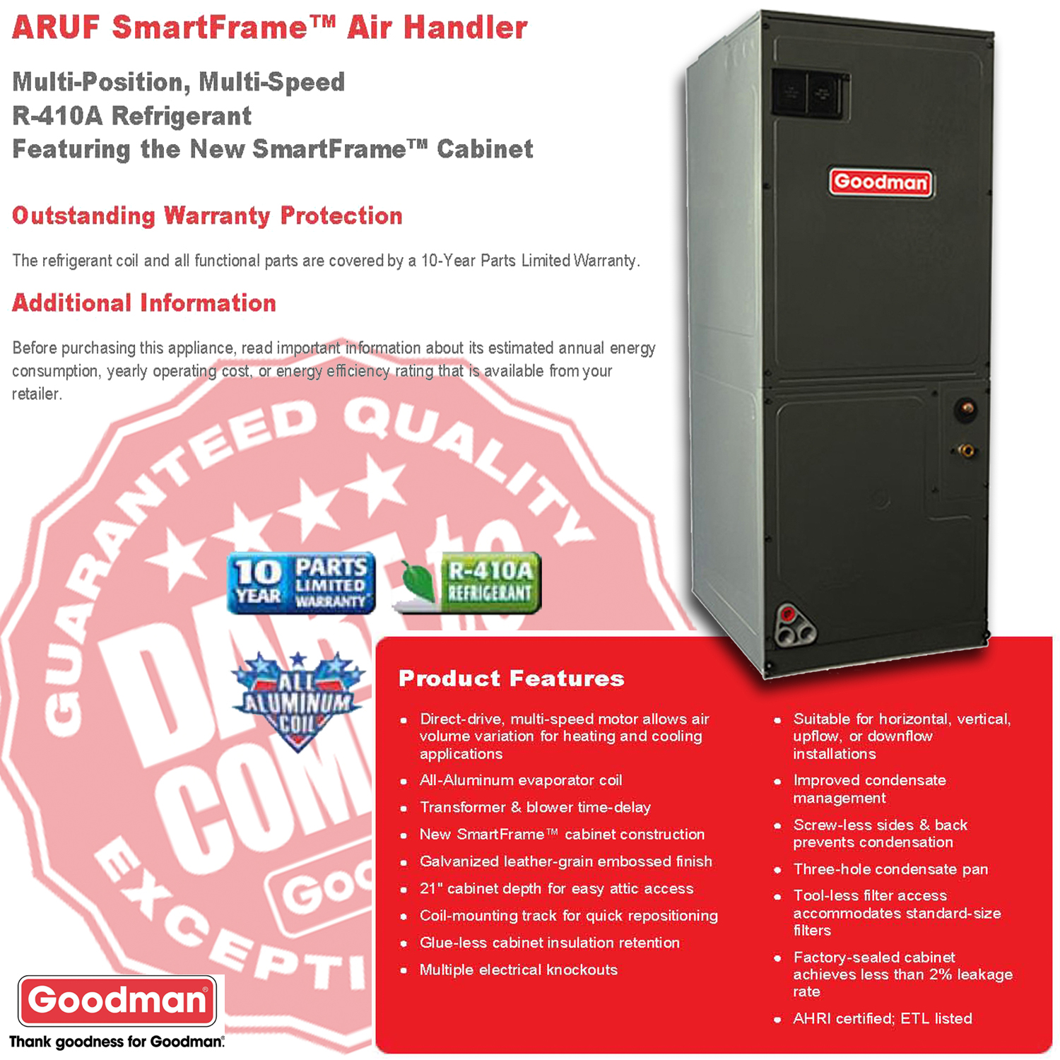 3.5 Ton Goodman Air Handler, ARUF47D14 (6754)